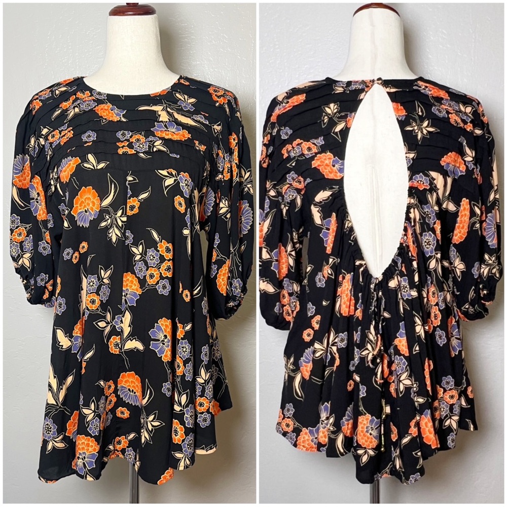 •FREE PEOPLE• Edie Oversized Open Back Hi Low Tunic Top in Black Floral Size XS‎